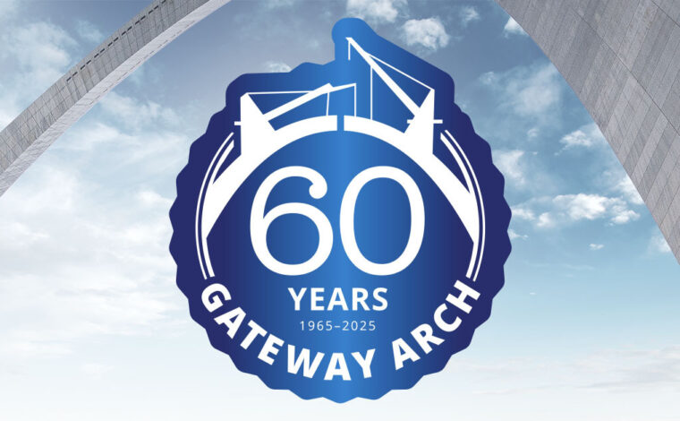 Blue seal with 60 years Gateway Arch on an image of a blue sky with the Gateway Arch in the background