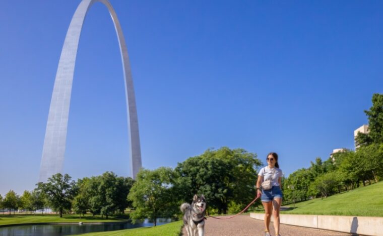 A young woman walking her dog on a paved bath near the reflection ponds in the summertime.